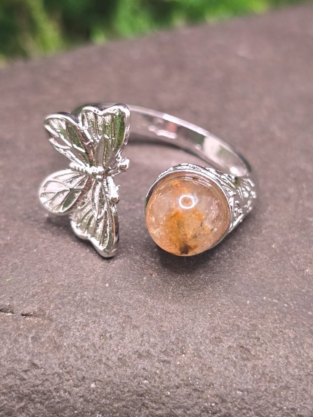 Golden Healer Quartz Butterfly Adjustable Ring Size 6-10 Silver Tone Jewelry